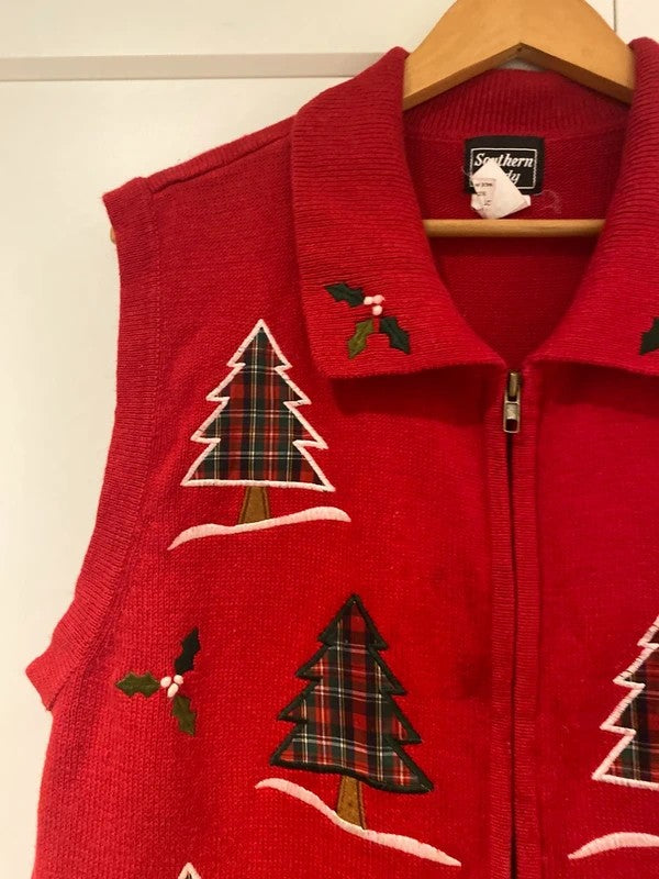 Vintage Southern Lady Red Christmas Tree Zip-Up Waistcoat – Size M