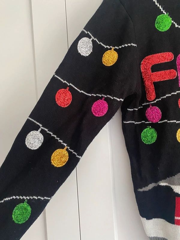 Funny Christmas Jumper “Fab Yuleous” Black Glitter Festive Sweater Size M