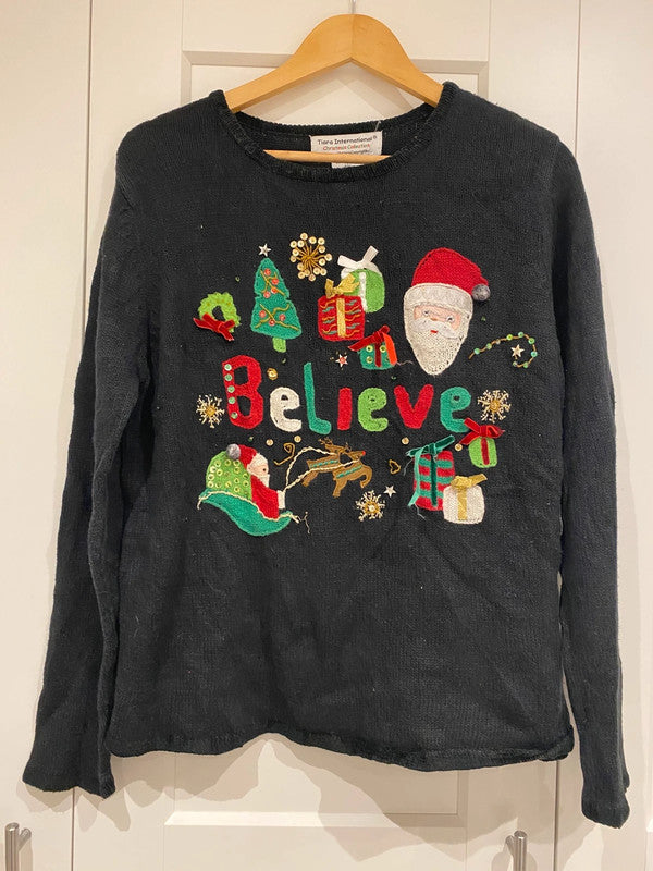 Vintage Tiara International Christmas Sweater “Believe” Santa Reindeer Embroidered – Size L