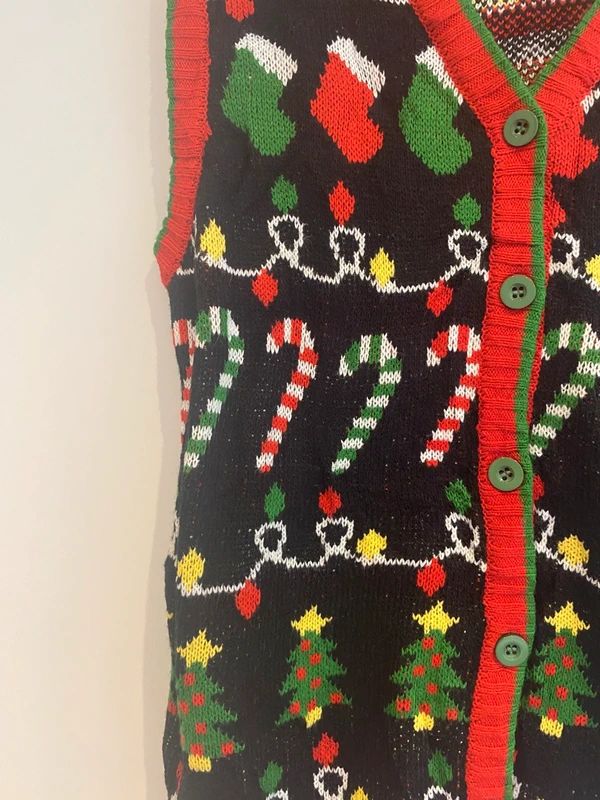Vintage Christmas Knit Vest Tank Top Candy Cane Tree Stocking Large L