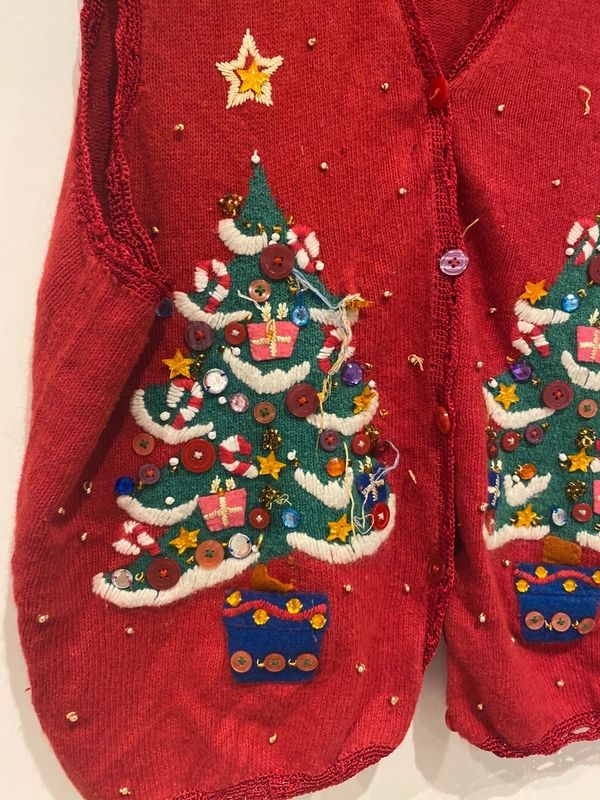 Karen Scott Christmas Tree Vest Red Embroidered Sequin XL (Fits 16)