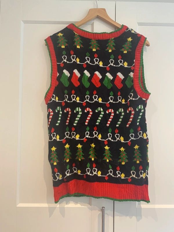 Vintage Christmas Knit Vest Tank Top Candy Cane Tree Stocking Large L
