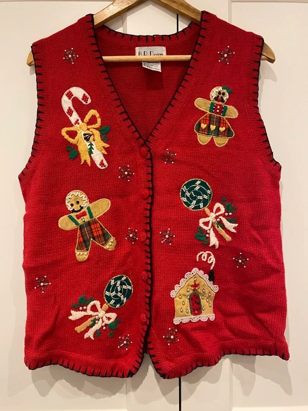 Vintage Christmas Knit Vest Gingerbread Candy Cane Festive Jumper UK 16