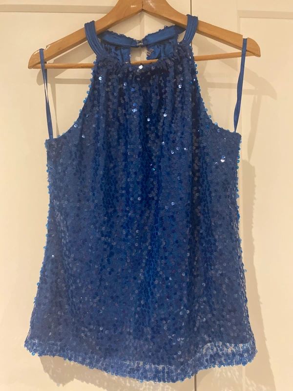 Tahari Blue Sequin Halter Top Party Evening UK 10