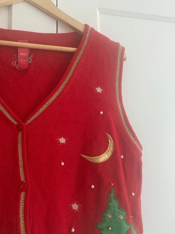 Vintage Christmas Jumper Waistcoat Cardigan Red Snowman Tree L/XL UK 16
