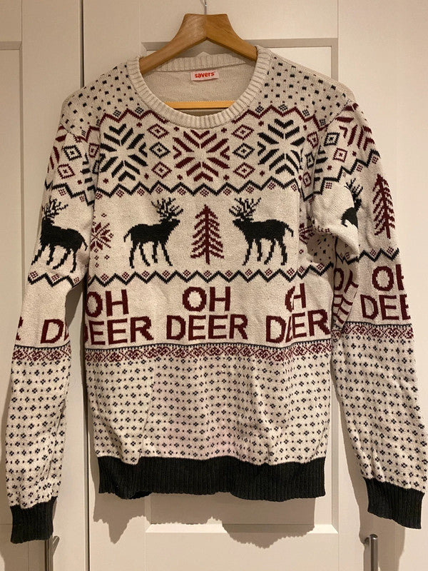 Oh Deer Christmas Jumper S/M Reindeer Fair Isle Cream