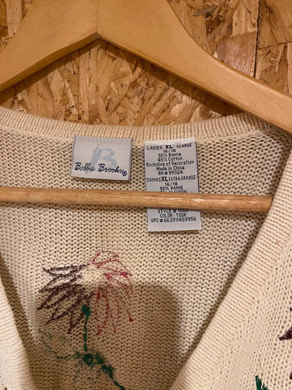 Bobbie Brooks Festive Embroidered Knit Vest Cream with Poinsettias