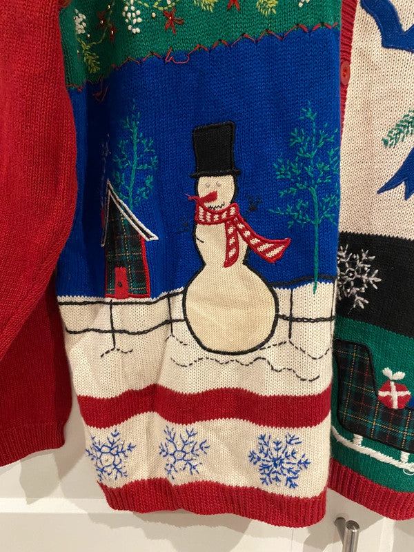 Vintage Alfred Dunner Christmas Cardigan Sweater L – Snowman, Sleigh & Skates Festive Knit
