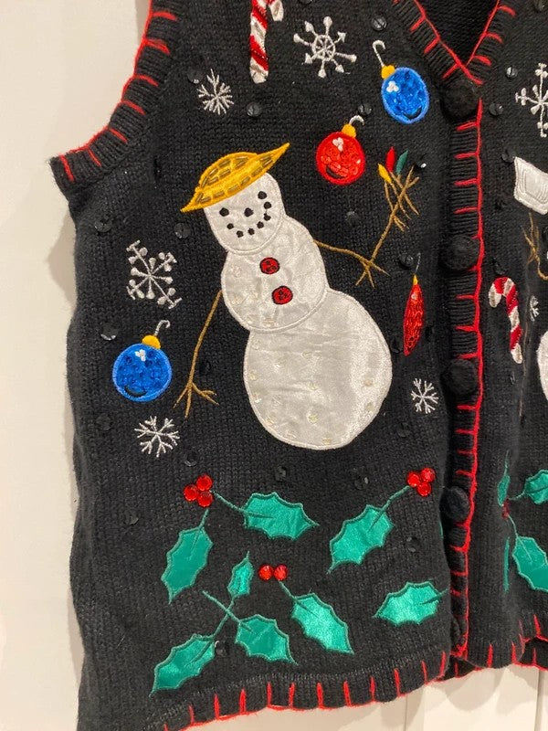 Vintage NutCracker Christmas Snowman Sequin Knitted Waistcoat Vest – Medium