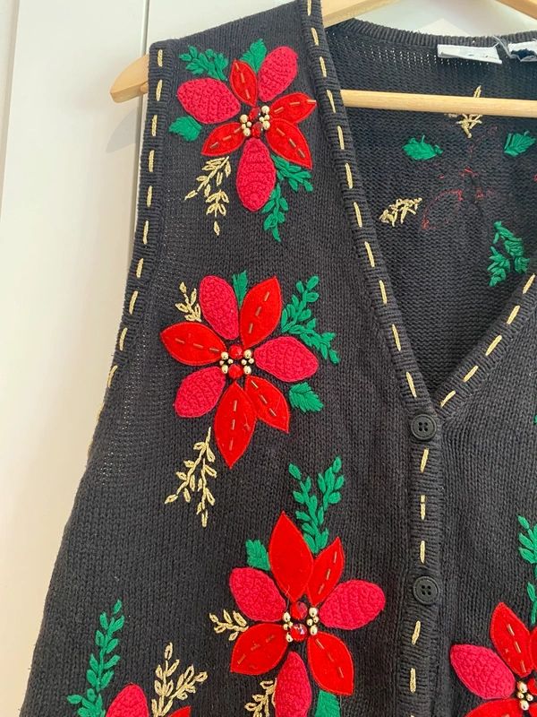 Vintage Bobbie Brooks Christmas Poinsettia Knit Vest Large 12/14 Holiday Sweater