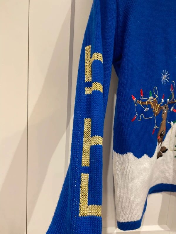 Blue Christmas Jumper Reindeer Tree Sequin Festive Knit UK 12–14