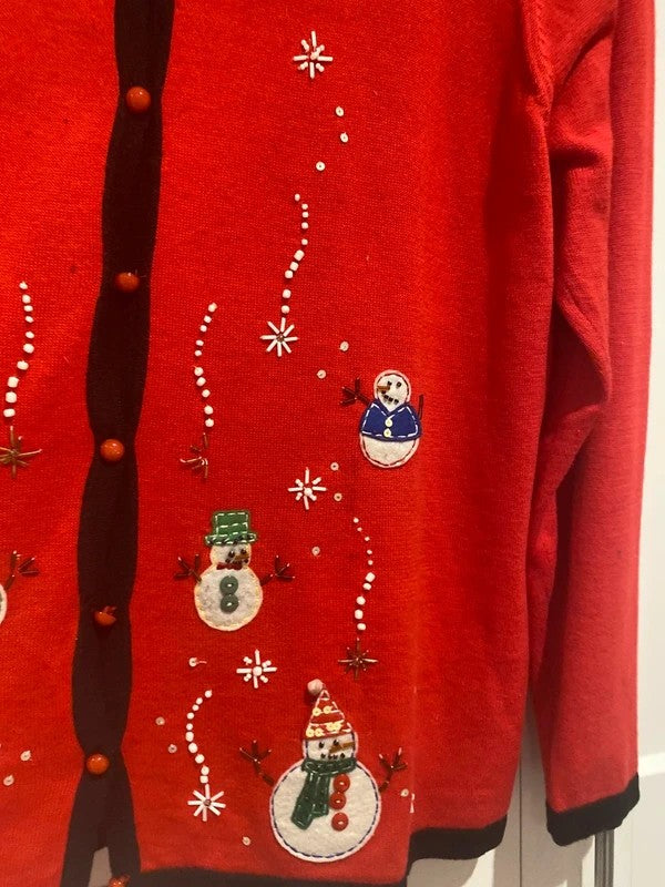 Reference Point Vintage Christmas Cardigan XL Red Snowman Beaded Festive Jumper
