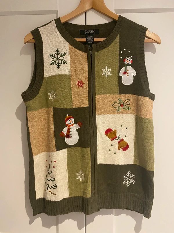 Crystal Kobe Christmas Knit Vest Zip Up Snowman Patchwork UK 10–12