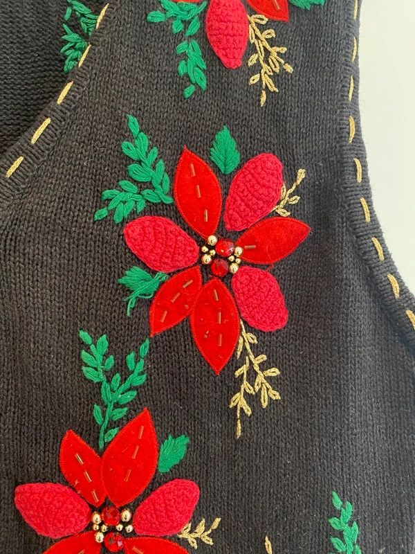 Vintage Bobbie Brooks Christmas Poinsettia Knit Vest Large 12/14 Holiday Sweater