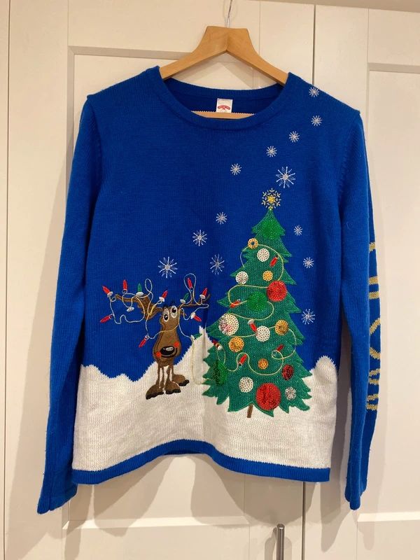 Blue Christmas Jumper Reindeer Tree Sequin Festive Knit UK 12–14
