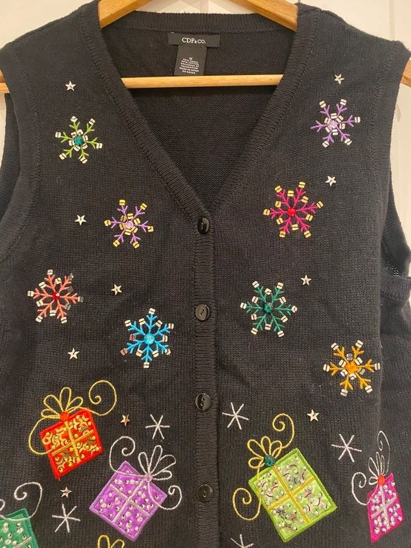 Christmas Embroidered Vest Cardigan Black Sequin Gift Snowflake Size M (UK 10-12)