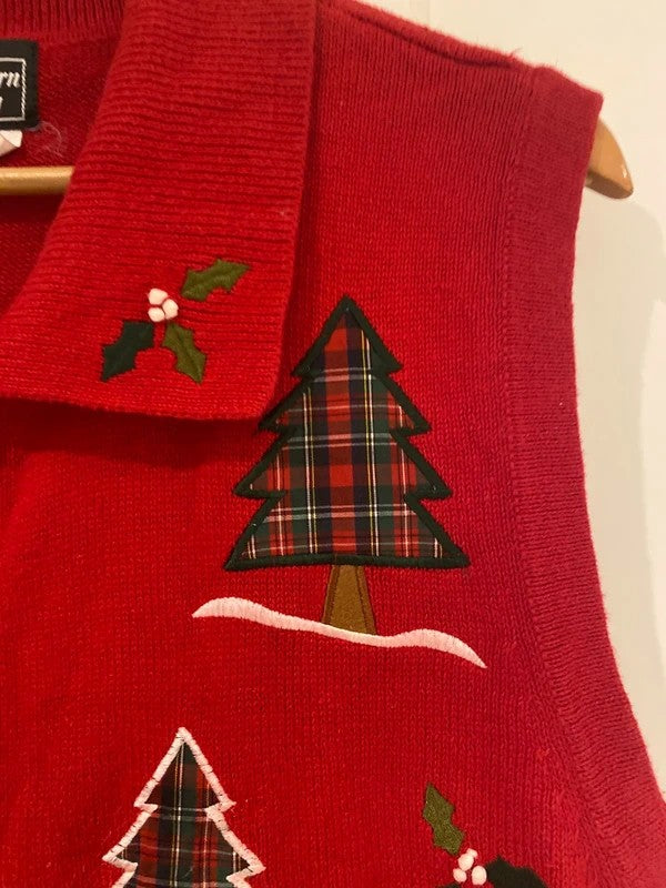 Vintage Southern Lady Red Christmas Tree Zip-Up Waistcoat – Size M
