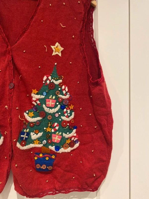 Karen Scott Christmas Tree Vest Red Embroidered Sequin XL (Fits 16)