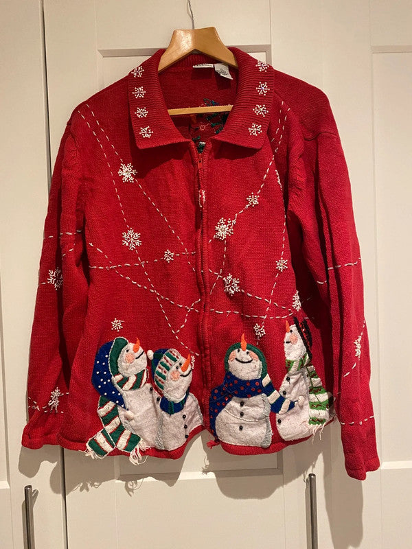 Carolina Colours Red Beaded Snowman Christmas Cardigan – XL