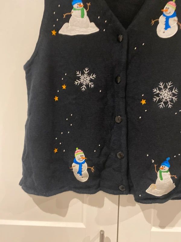 Christmas Snowman Knit Waistcoat Vest Black Festive UK 16/18