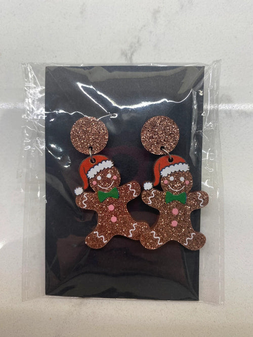 Gingerbread Man Glitter Christmas Earrings – New