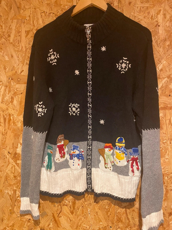 Dressbarn Christmas Cardigan – XL Black Grey White Snowman Knit Zip Up