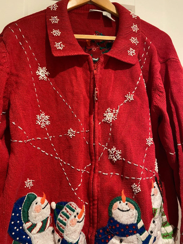 Carolina Colours Red Beaded Snowman Christmas Cardigan – XL