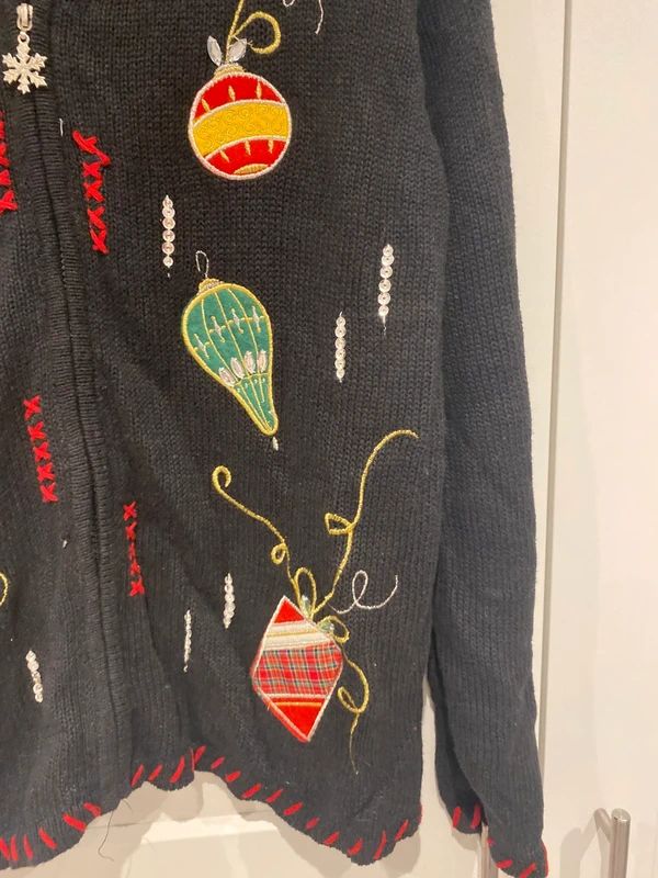 Vintage Christmas Cardigan Black Embroidered Holiday Jumper UK 16