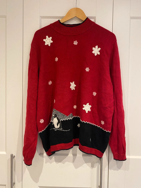 Women’s XXL Christmas Jumper – Red with Penguin & Snowflakes