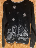 Studio Collection Black Christmas Jumper – Beaded Train & Tree Design – Size S