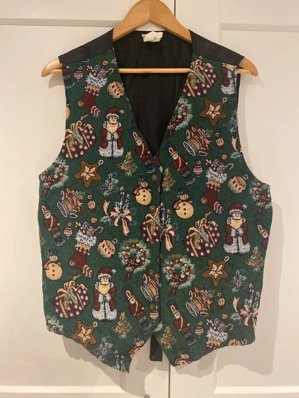 Vintage Christmas Tapestry Waistcoat Festive Santa Snowman Vest XL