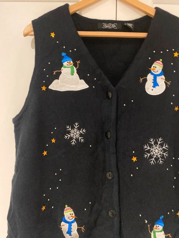 Christmas Snowman Knit Waistcoat Vest Black Festive UK 16/18
