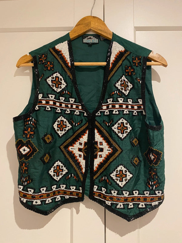 Vintage Silver Mesa Beaded Embellished Waistcoat Vest Green Size L