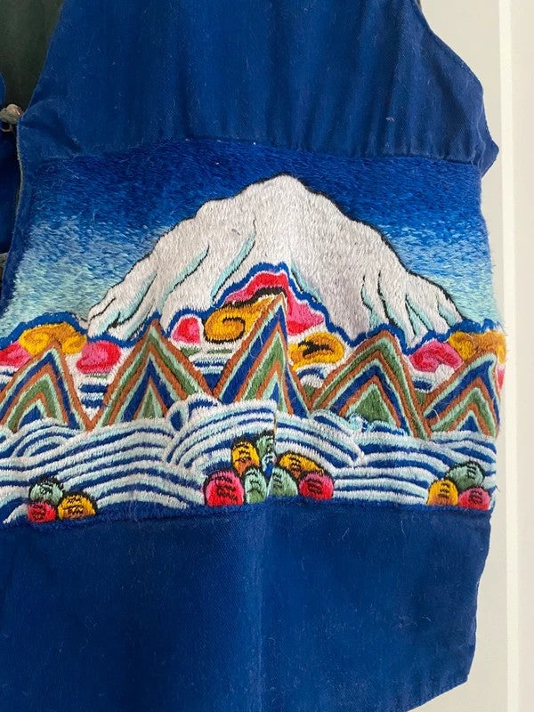 Vintage The Daily Planet Embroidered Mountain Waistcoat Gilet Blue Boho Festival