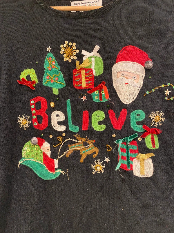 Vintage Tiara International Christmas Sweater “Believe” Santa Reindeer Embroidered – Size L