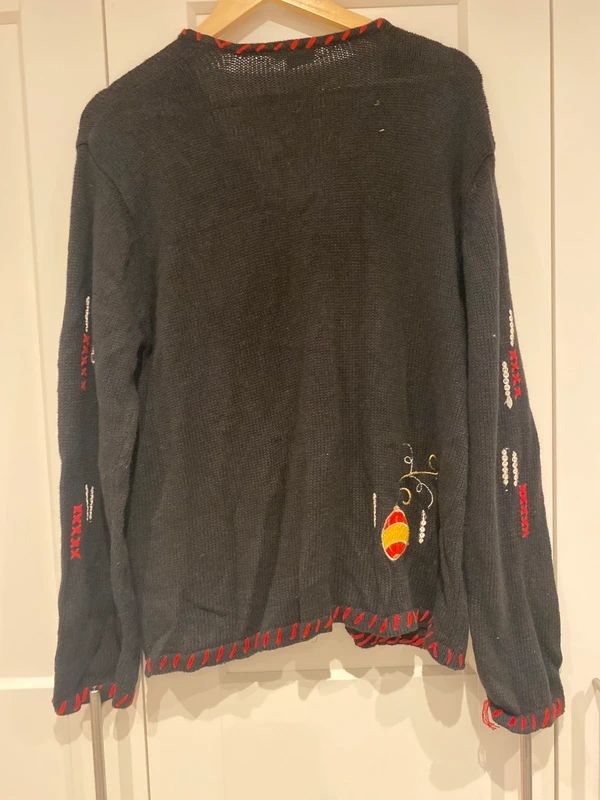 Vintage Christmas Cardigan Black Embroidered Holiday Jumper UK 16