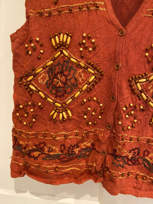 Vintage Lucia Boho Beaded Embroidered Vest Cardigan – Rust – Size L