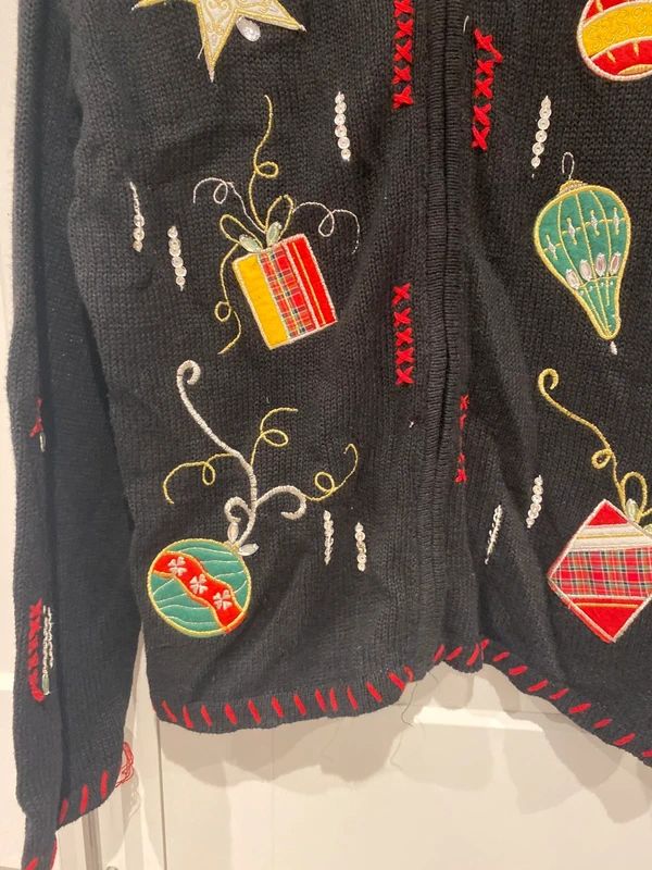 Vintage Christmas Cardigan Black Embroidered Holiday Jumper UK 16