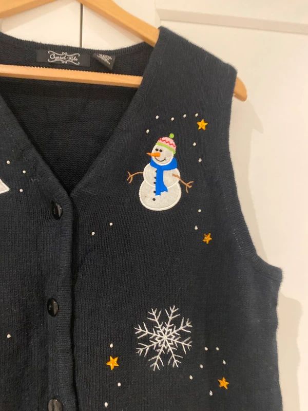 Christmas Snowman Knit Waistcoat Vest Black Festive UK 16/18