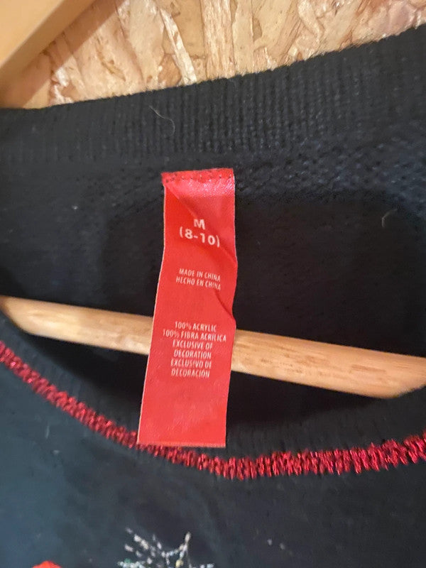 Women’s Santa Christmas Jumper – Black with 3D Appliqué – Size M