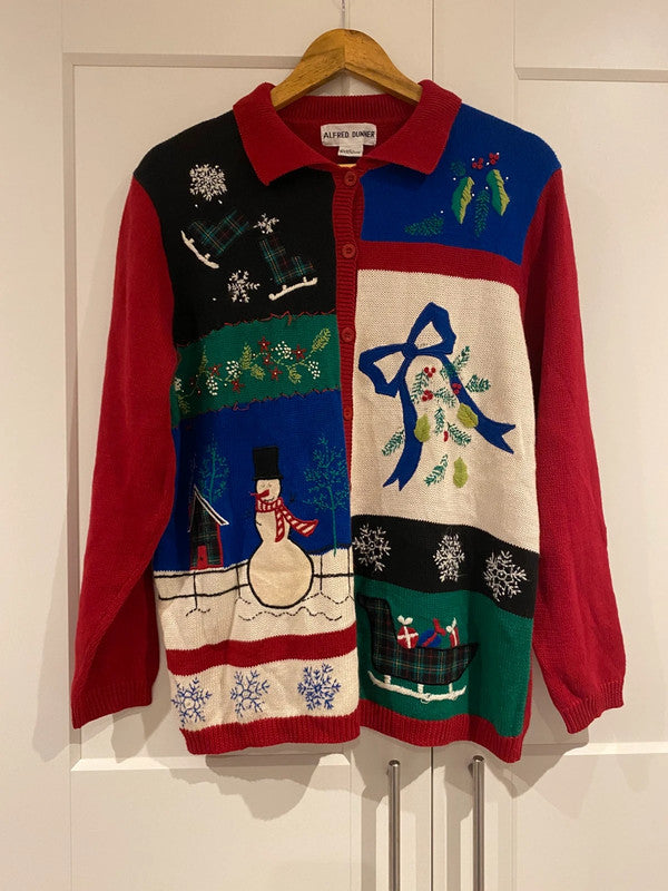 Vintage Alfred Dunner Christmas Cardigan Sweater L – Snowman, Sleigh & Skates Festive Knit