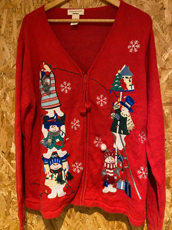 Bechamel Woman Red Christmas Snowman Cardigan 1X