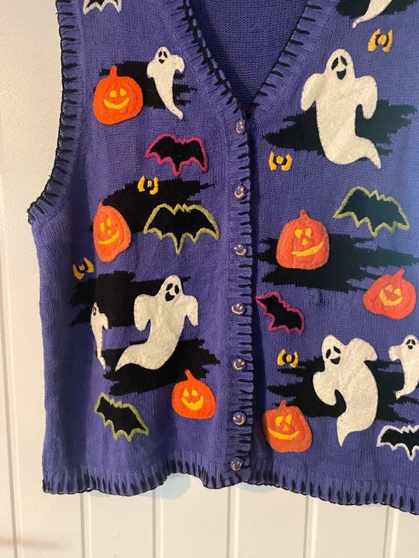 Vintage 2000 Tiara Halloween Knitted Waistcoat XL Ghost Pumpkin Bat Y2K