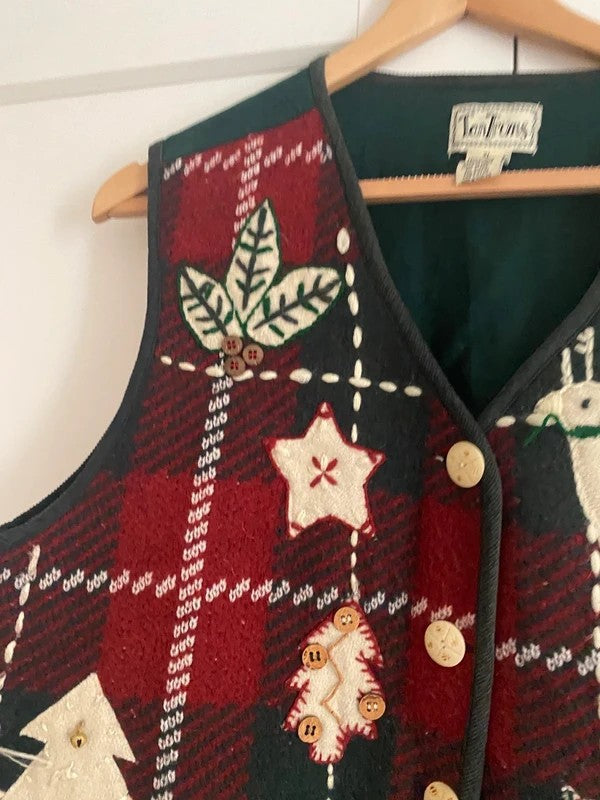 Vintage TanTrums Christmas Waistcoat XL Tartan Reindeer Trees Festive Gilet