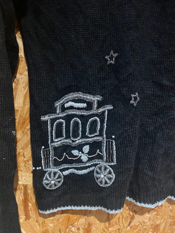 Studio Collection Black Christmas Jumper – Beaded Train & Tree Design – Size S