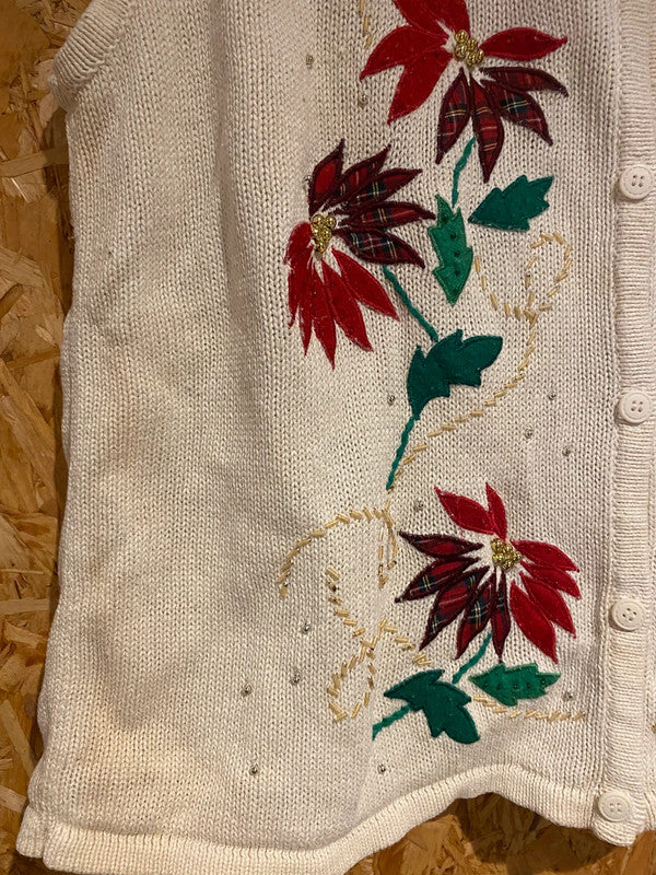 Bobbie Brooks Festive Embroidered Knit Vest Cream with Poinsettias