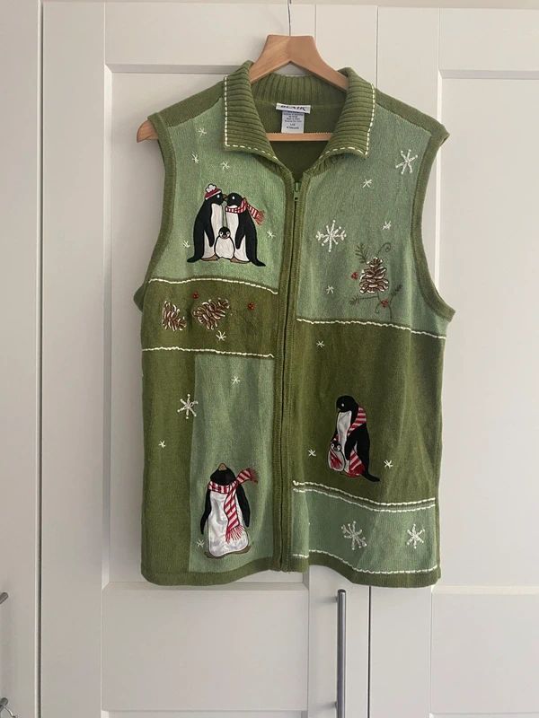 Vintage Christmas Penguin Knit Vest Gilet Women’s 16–18