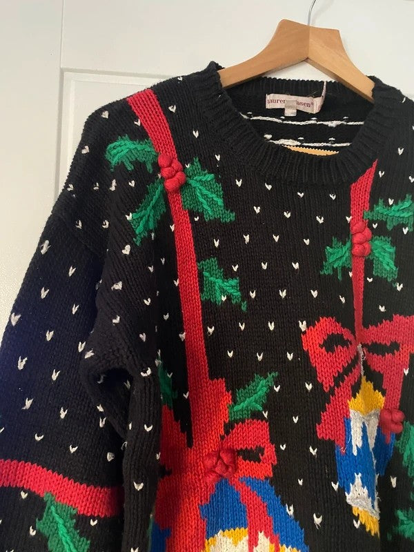 Vintage Lauren Hansen Christmas Jumper Medium 3D Baubles Festive Knit