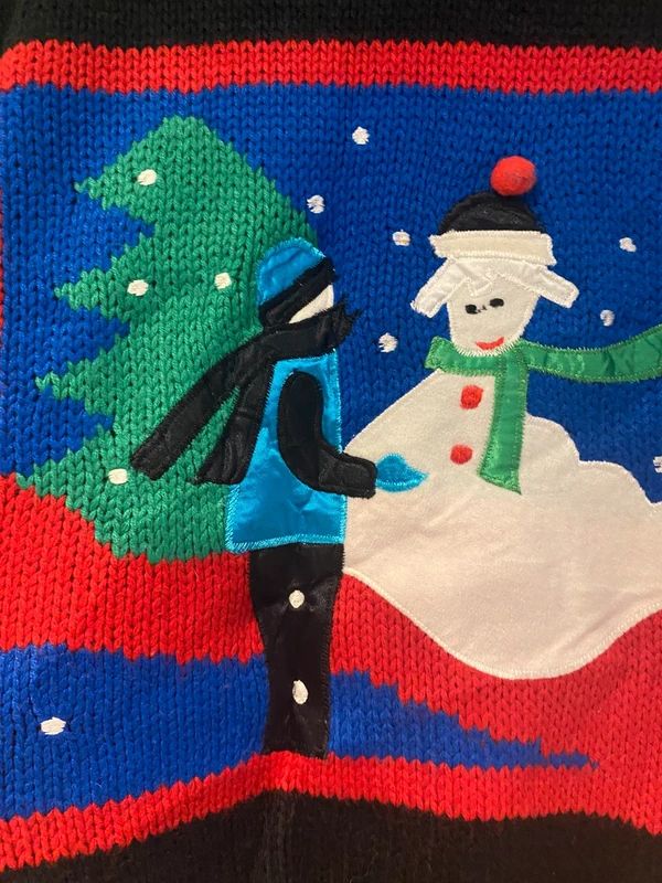 Vintage Christmas Jumper Snowman Scene Black Festive Retro Medium