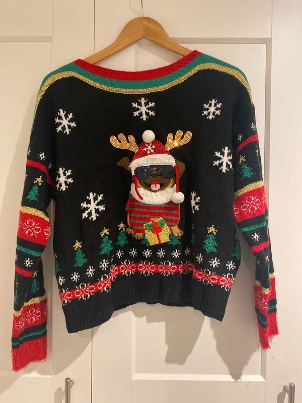 Blizzard Bay Christmas Jumper Pug Dog Novelty Black Festive Knit Small